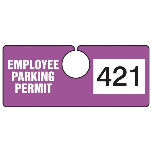 Accuform Parking Permit Tag, EMPLOYEE PARKING PERMIT Numbered 600-699, Purple, 2in x 4.75in, 100PK TNT421PRG - main